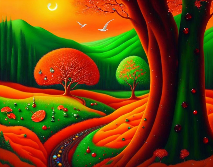 Surreal landscape with rolling green hills, tree, river, and orange sun