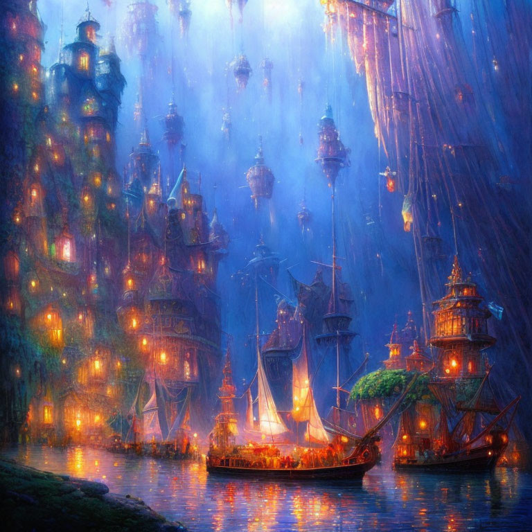 Fantasy maritime cityscape at dusk with towering buildings and floating lanterns