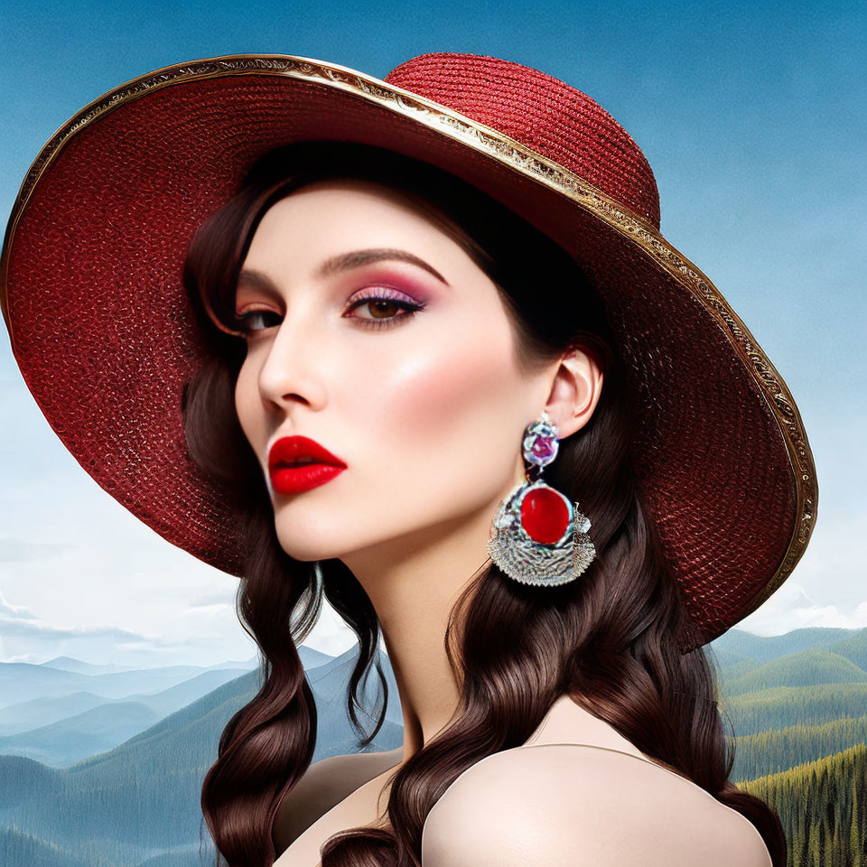 Woman with Red Hat and Dramatic Makeup Against Mountainous Backdrop