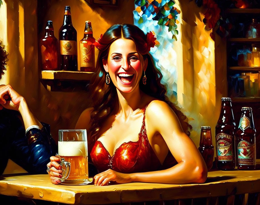 Smiling woman in red top enjoying beer at bar surrounded by bottles and warm lights