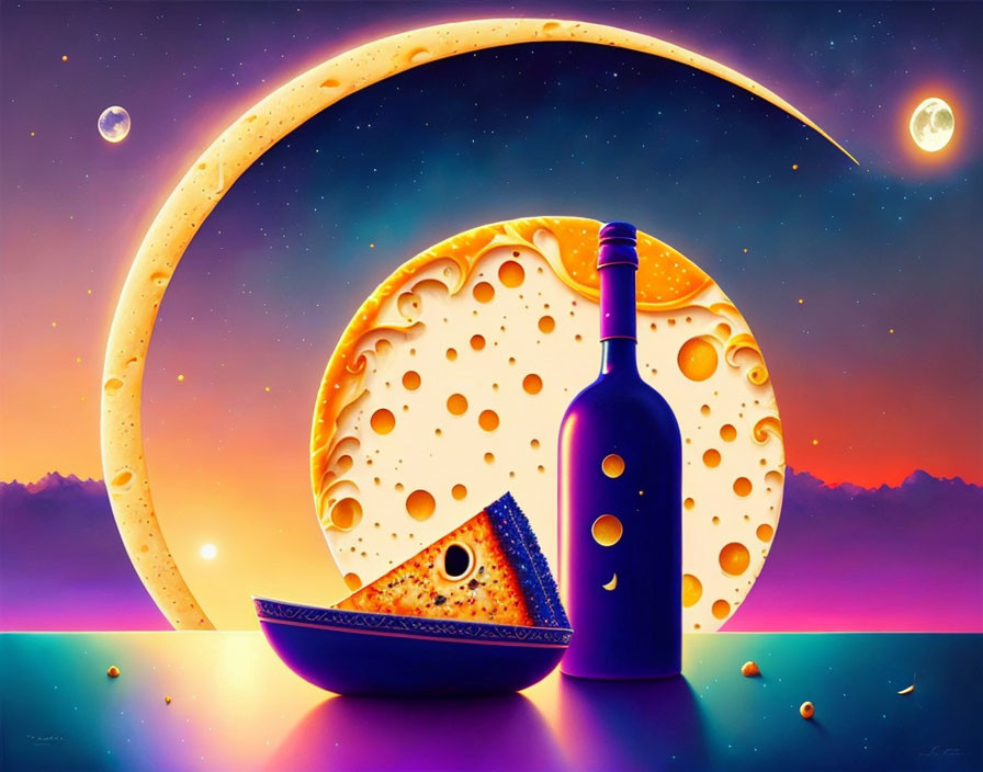 Surreal artwork: crescent moon cheese, slice, blue wine bottle, stars