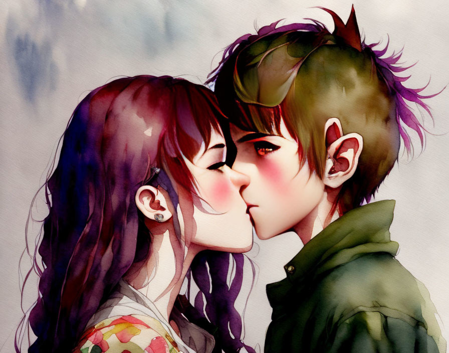 Illustration of male and female elfin characters kissing