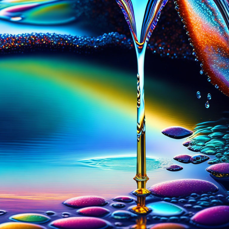 Colorful Digital Artwork: Liquid Stream and Reflective Bubbles