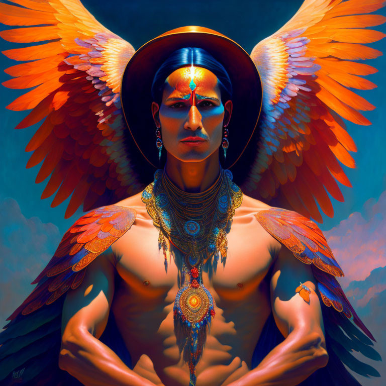 Person with Vibrant Orange Angelic Wings and Golden Tribal Jewelry on Blue Background