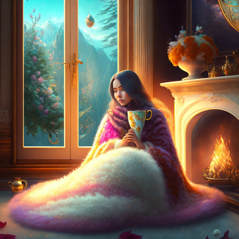 Person sitting by fireplace with colorful blanket, cup, snowy landscape view