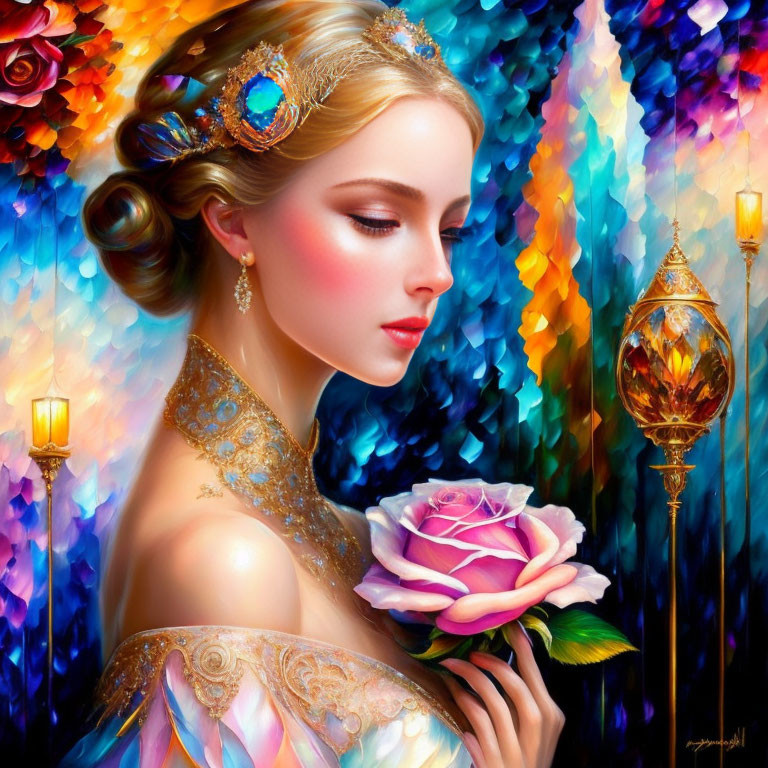 Elegant Woman with Tiara Holding Rose Amid Colorful Brushstrokes