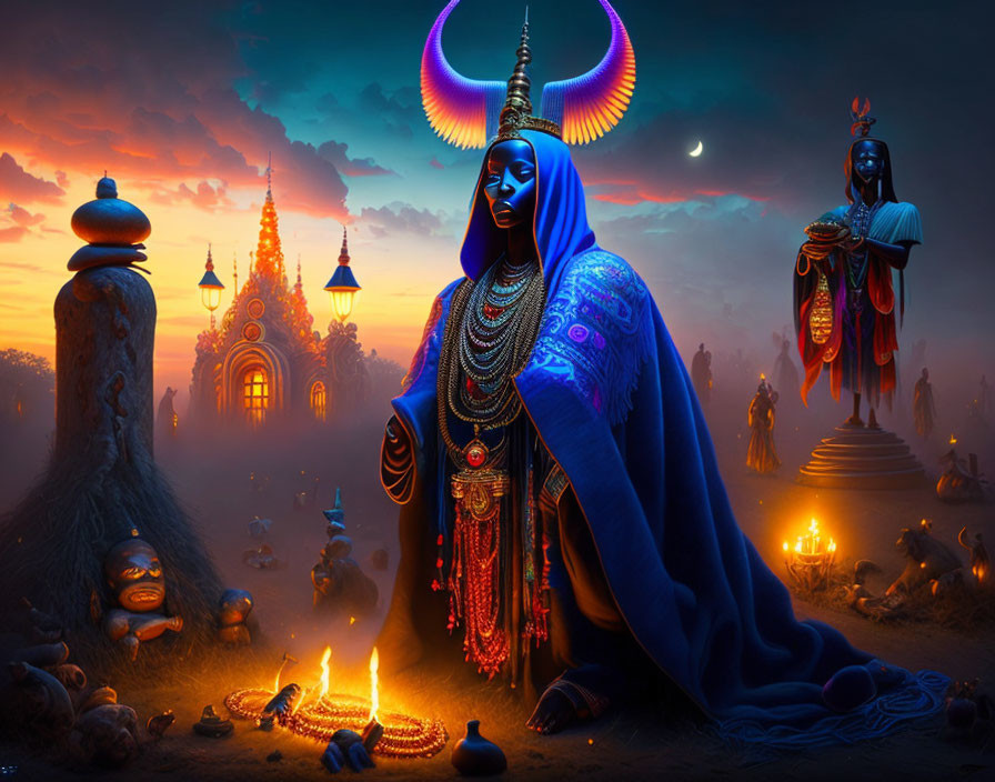 Mystical twilight scene with blue-skinned figures by fire and temples