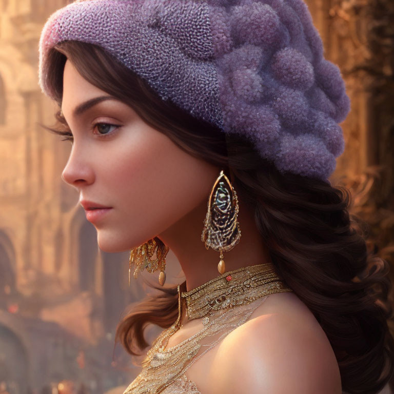 Detailed digital artwork of woman in textured hat and elegant earrings, set in grand background.