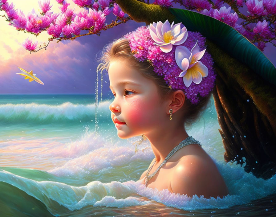 Tranquil illustration of girl by ocean at twilight