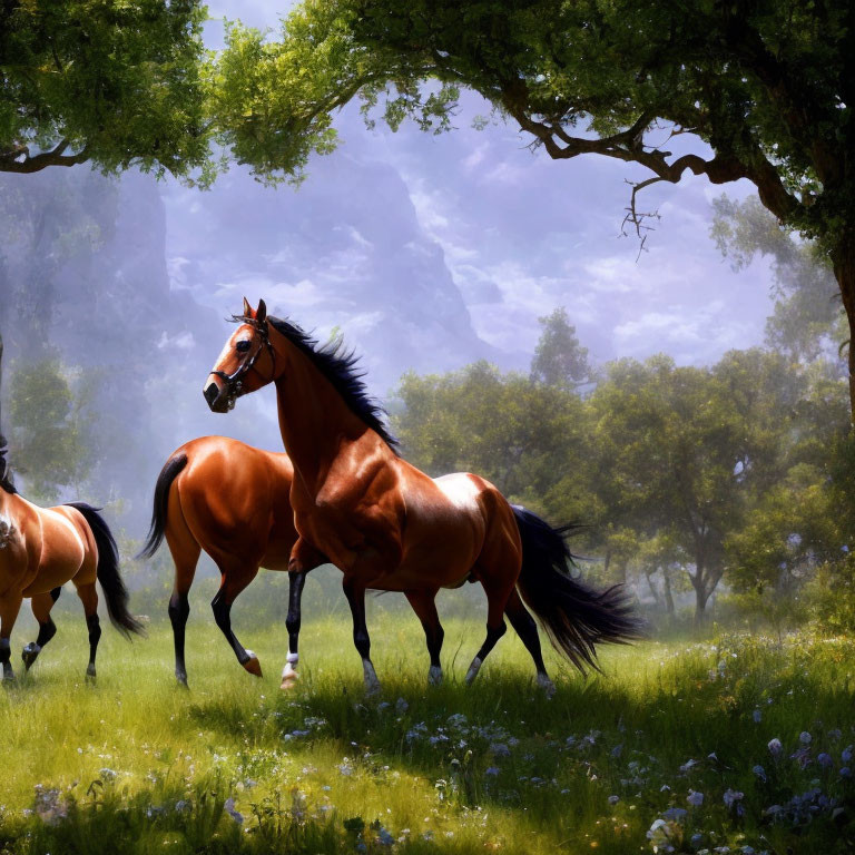 Herd of Horses Galloping in Sunlit Forest Clearing