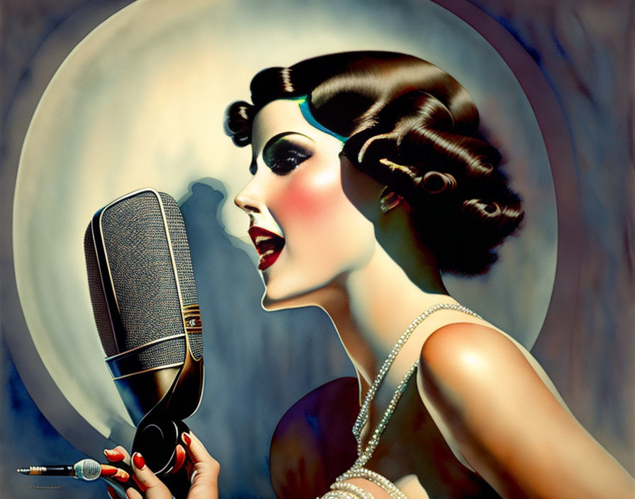 Vintage illustration: Woman with 1930s glamour style singing into classic microphone under moon.