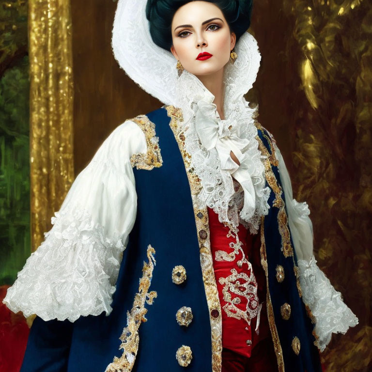 Elaborate period costume with blue and gold coat, white ruffled collar, red corset,