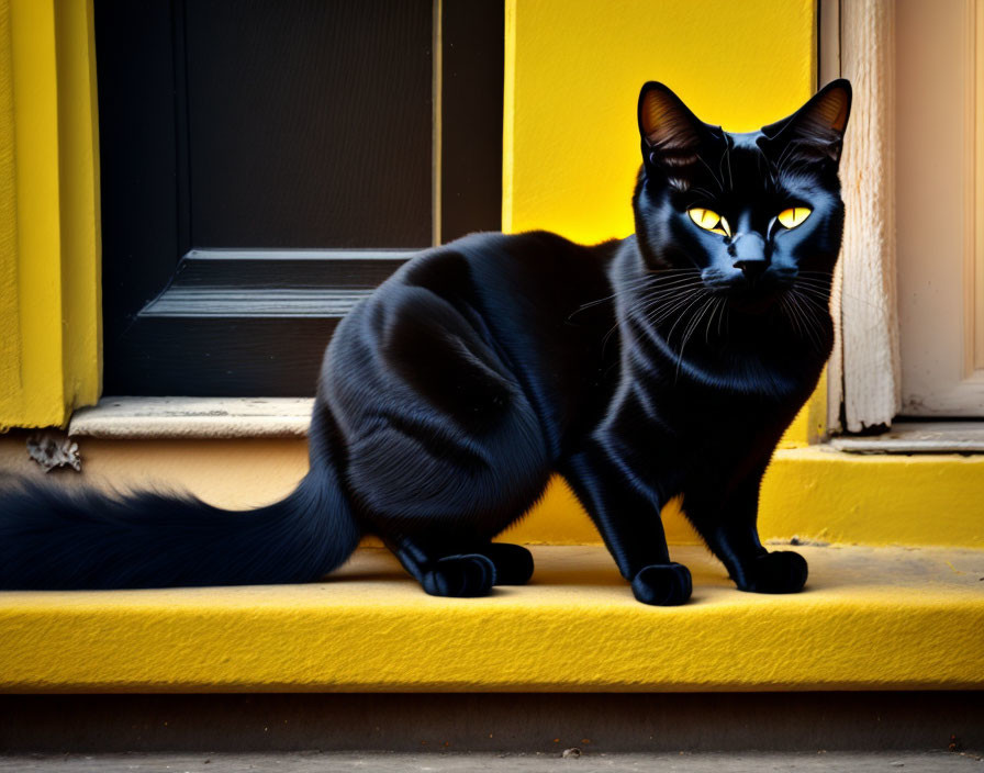 Black cat with yellow eyes on yellow doorstep next to black door with yellow frame