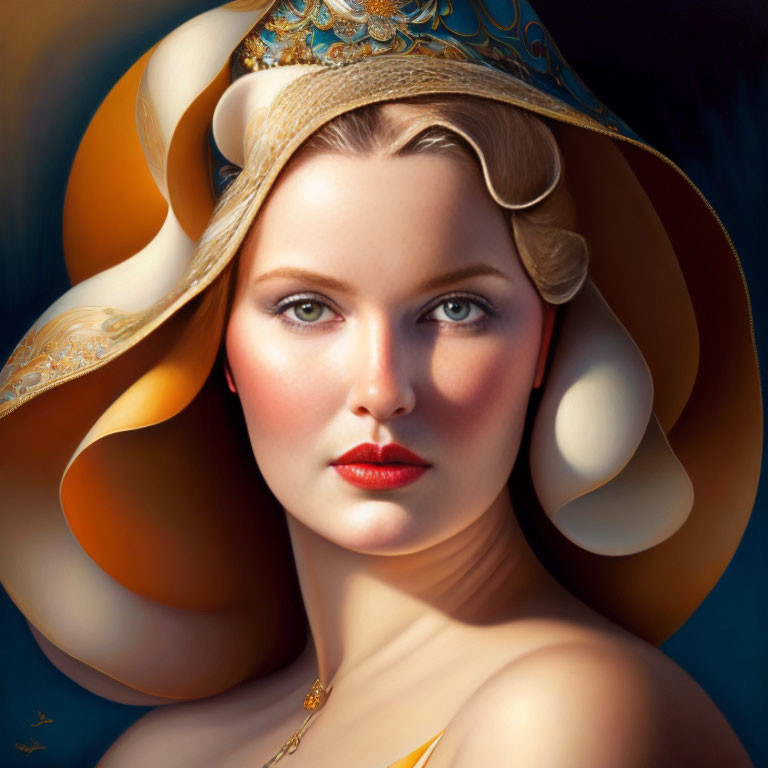 Digital portrait of woman with golden swirls, headpiece, red lips, serene expression on blue backdrop