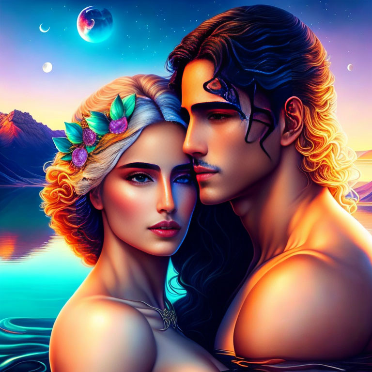 Fantasy-themed digital illustration of man and woman at vibrant sunset