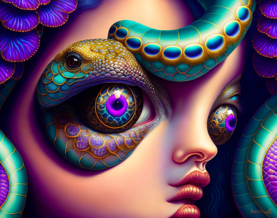 Surreal illustration of woman's face with snake elements in vivid purples and blues