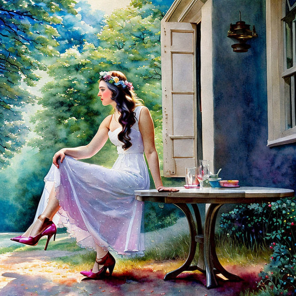 Woman in white dress and pink heels sitting in serene garden with beverage and round table