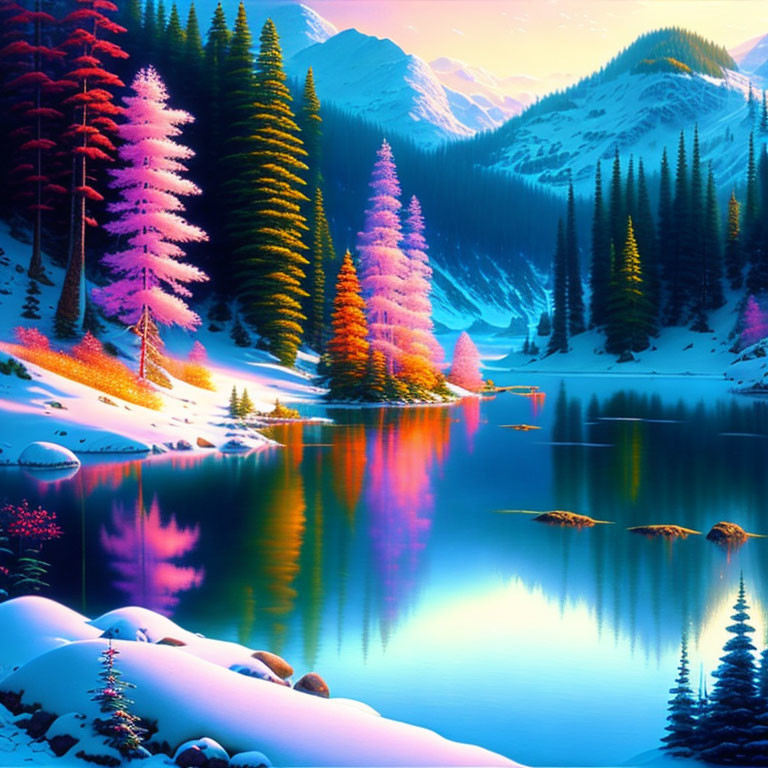 Colorful Snowy Landscape with Lake, Pine Trees, and Mountains