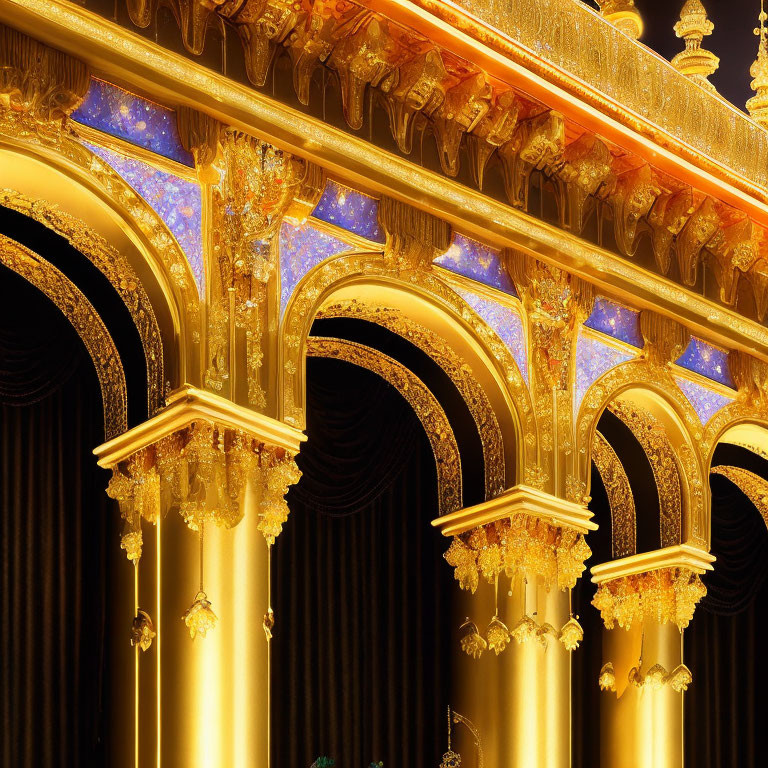 Opulent golden theater interior with columns and starry blue lighting