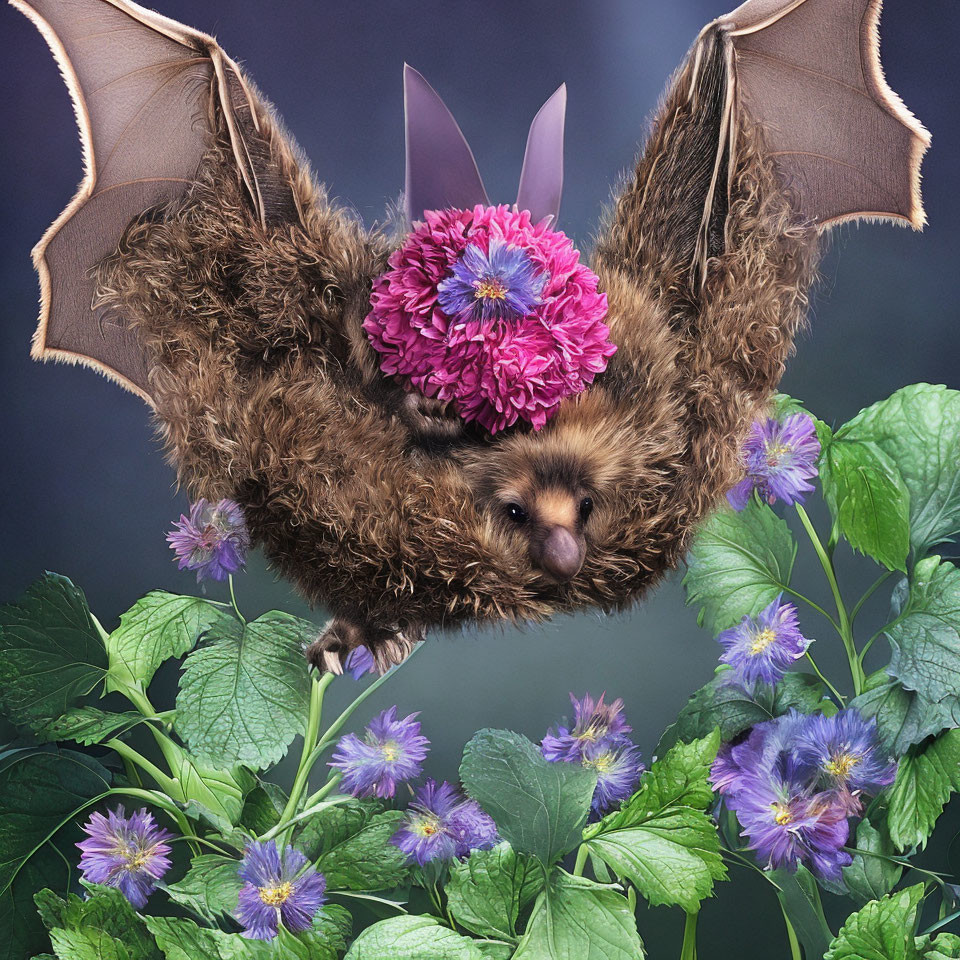 Pink Flowered Bat Among Purple Flowers and Green Foliage