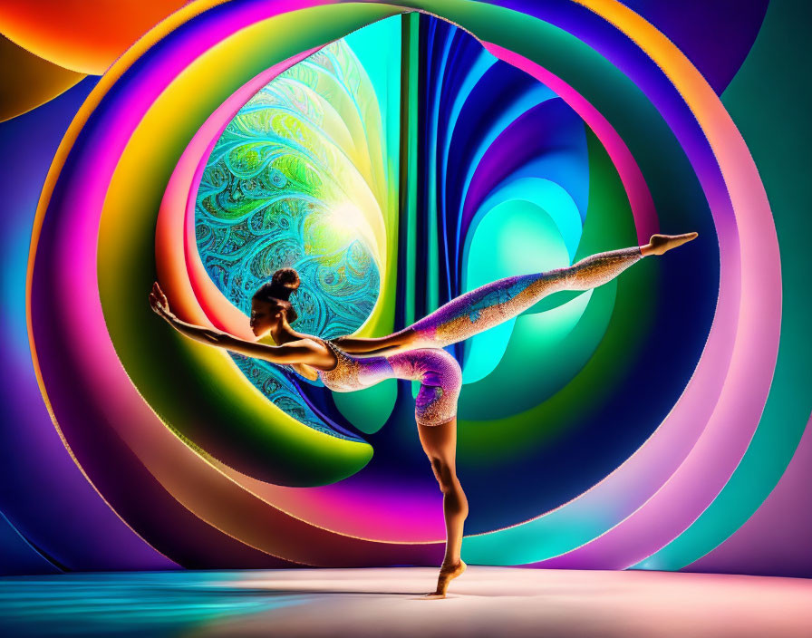 Gymnast in graceful backbend pose with vibrant psychedelic swirls