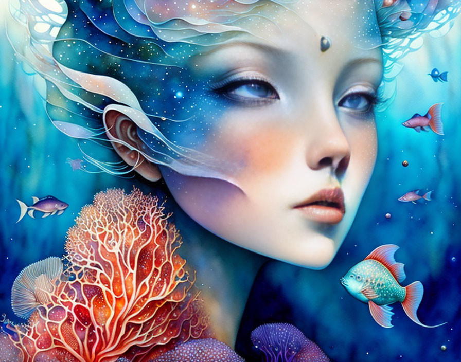 Surreal portrait of woman with aquatic elements and vibrant coral fish