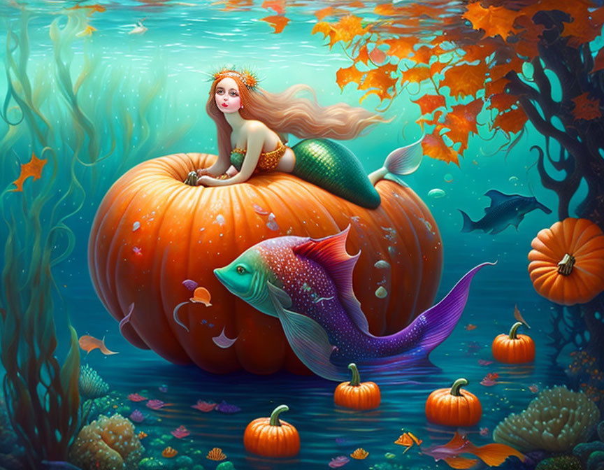 Vibrant mermaid on pumpkin surrounded by fish and coral