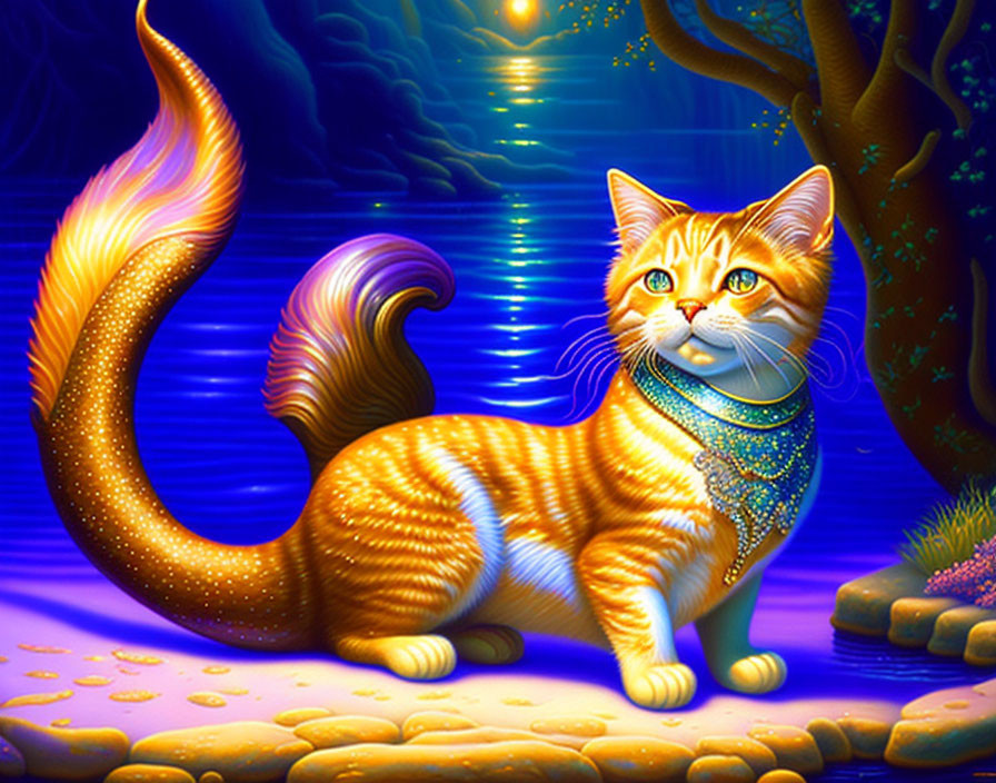 Colorful Illustration: Orange Tabby Cat with Long Tail by Moonlit Water