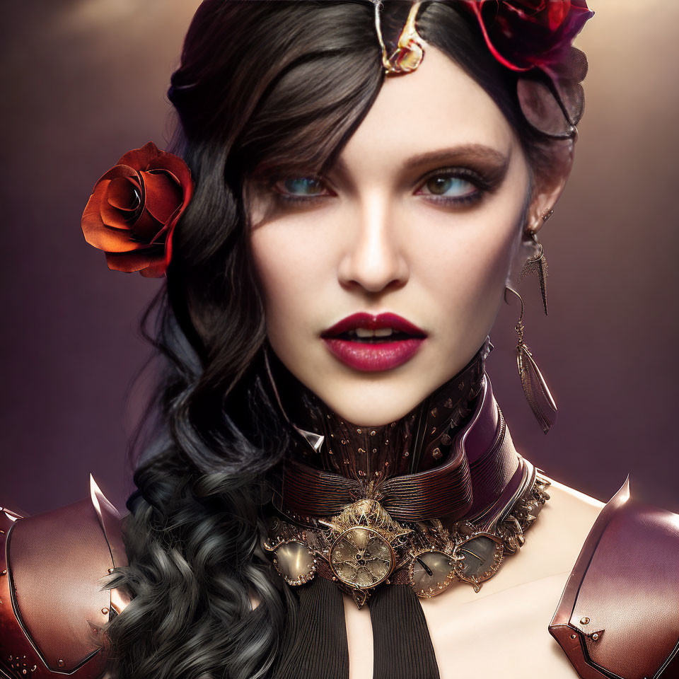 Digital artwork of woman with wavy hair, steampunk-inspired attire and headpiece