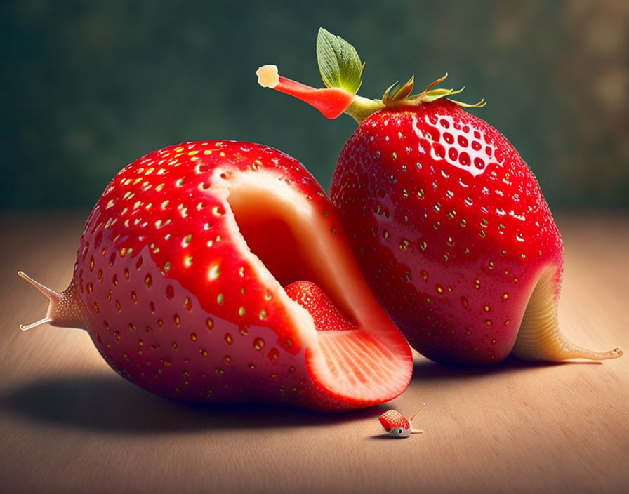 Strawberries transformed into snails with flesh-like interiors on textured surface