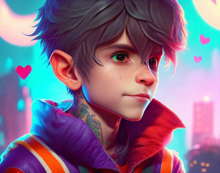 Colorful digital illustration of young boy with pointy ears, tattoos, and cityscape background.