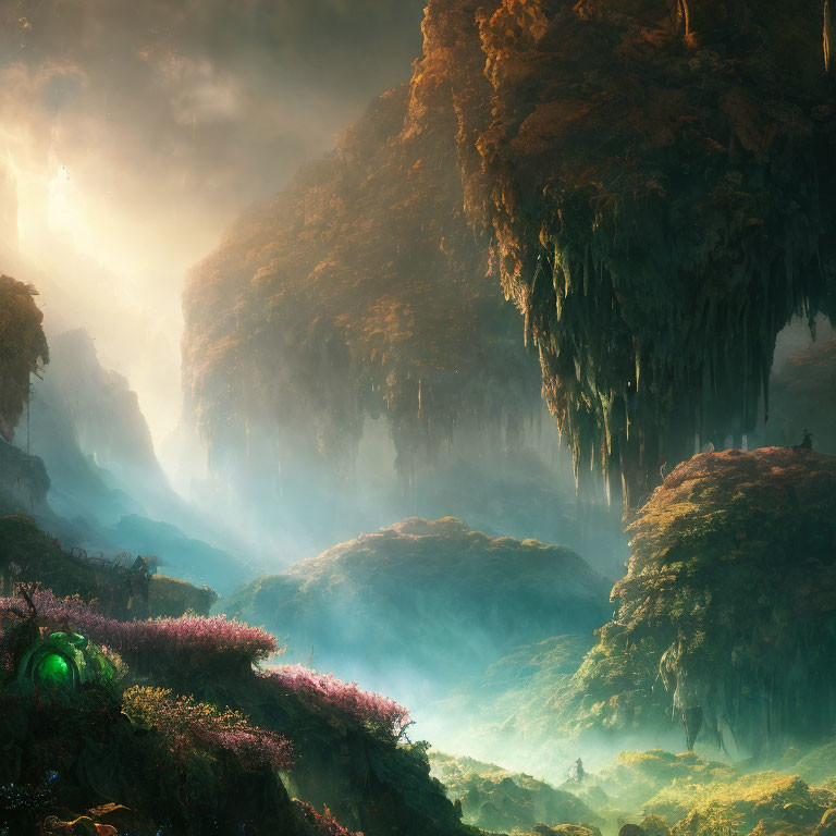 Mystical landscape with lush greenery, hanging cliffs, ambient light, and vibrant forest scene