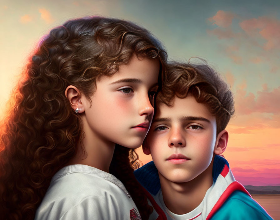 Two individuals with curly hair in serene expressions against sunset backdrop