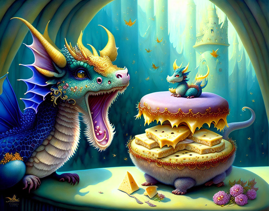 Colorful Dragons with Cake in Magical Forest Setting