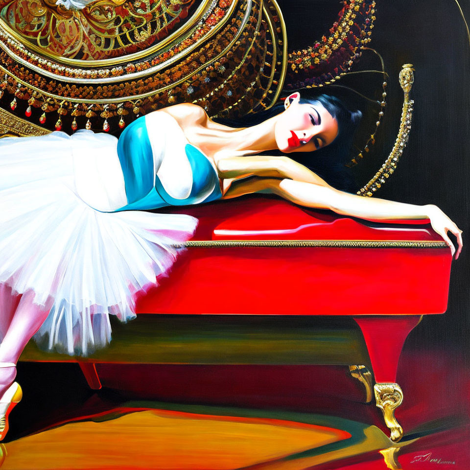 Woman in white and blue ballet outfit reclining on red piano with ornate golden decor.