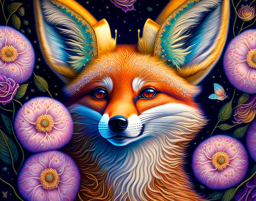 Colorful Fox Illustration with Flowers and Butterflies on Starry Background