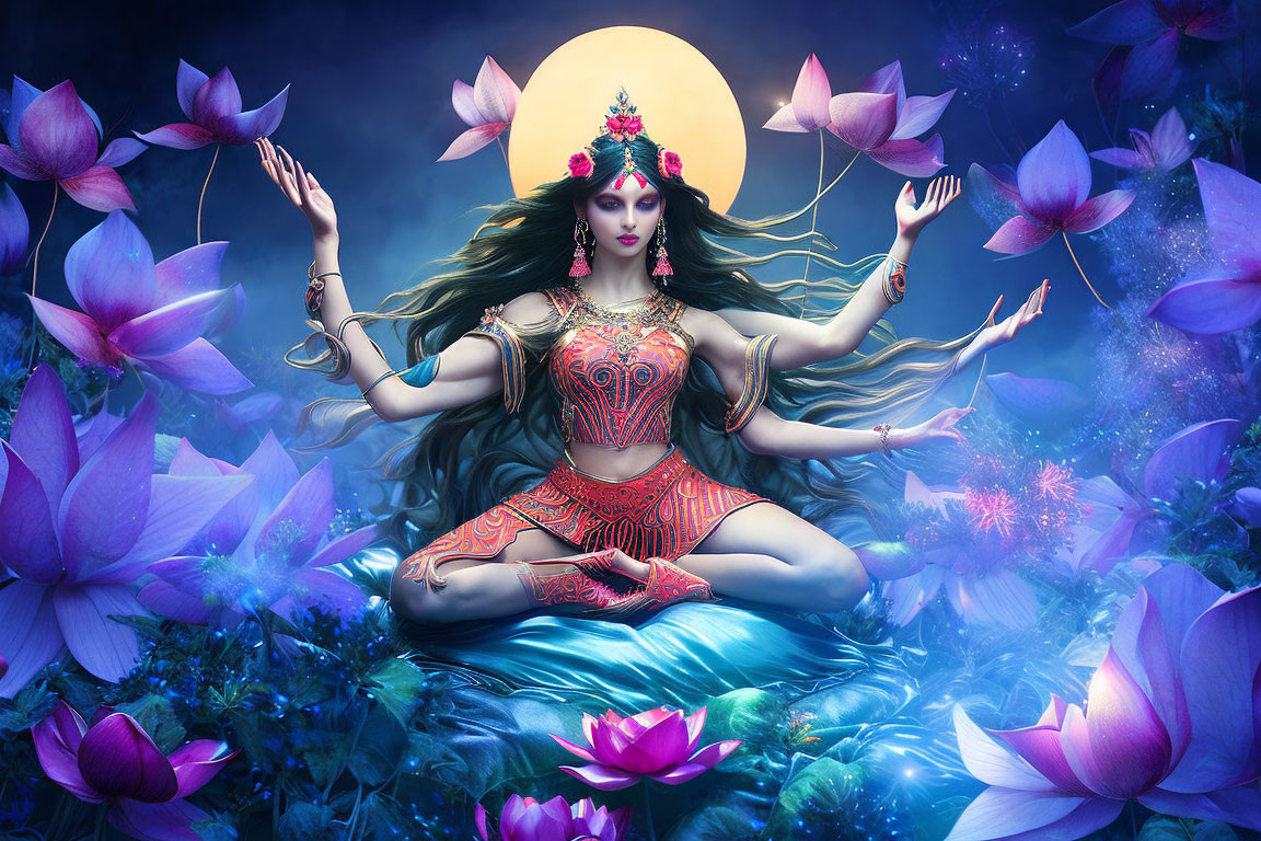 Ornately dressed multi-armed woman meditates among lotus flowers