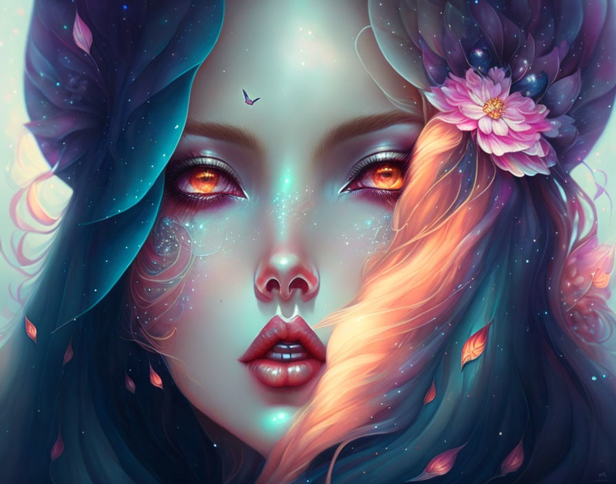 Vibrant galaxy hair woman with floral ears and starry eyes portrait.