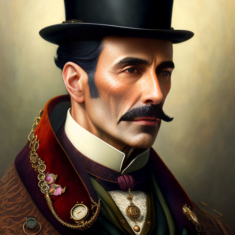 Portrait of a man with a distinguished mustache in top hat and decorated coat