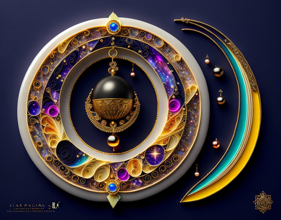 Ornate circular design with cosmic, golden elements and intricate patterns