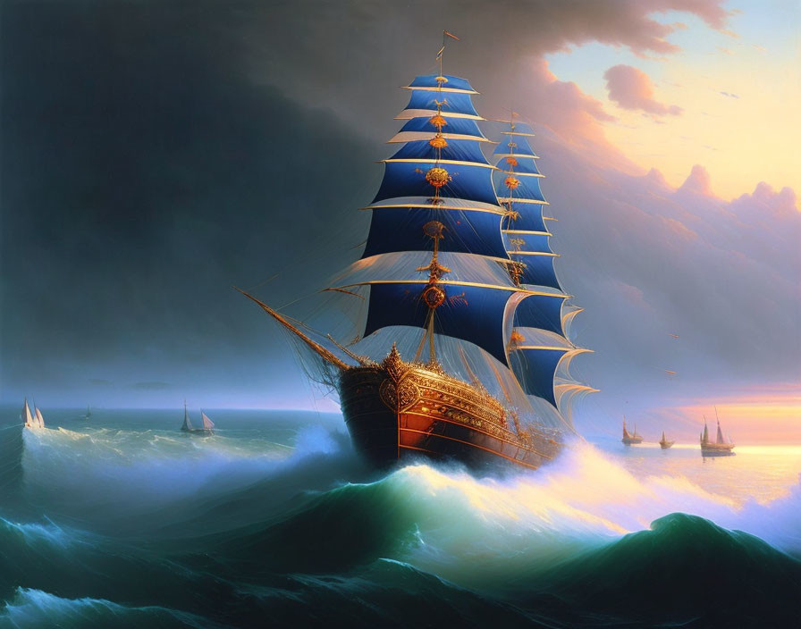 Majestic ship with blue sails on rolling ocean waves under dramatic sky