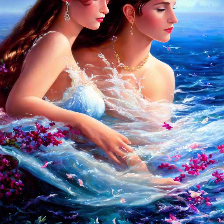 Two women in floral dresses submerged in water with floating flowers on blue background