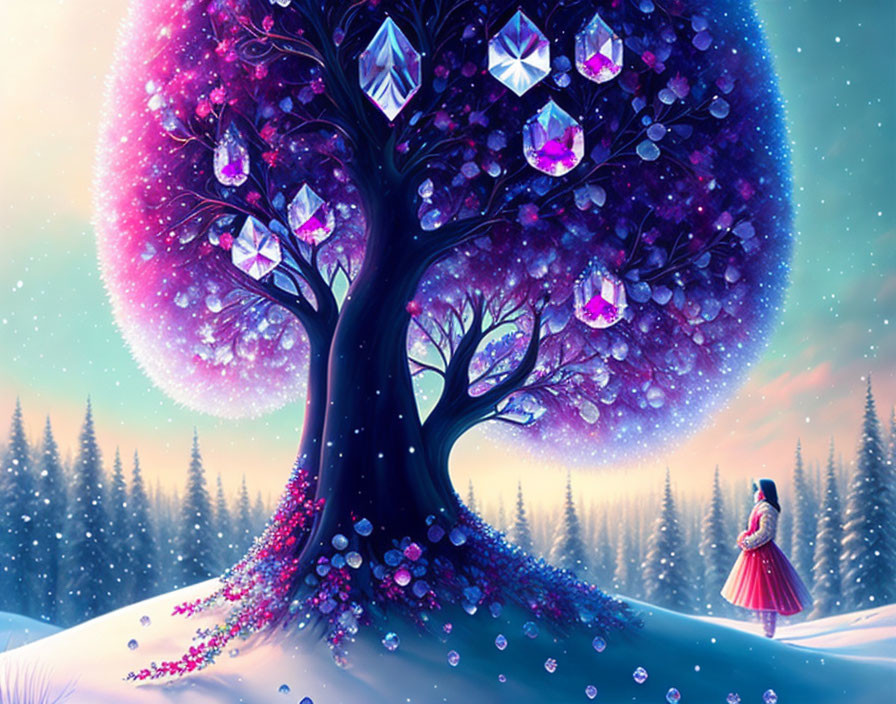 Person in red cloak near magical tree with sparkling leaves in snowy twilight scene