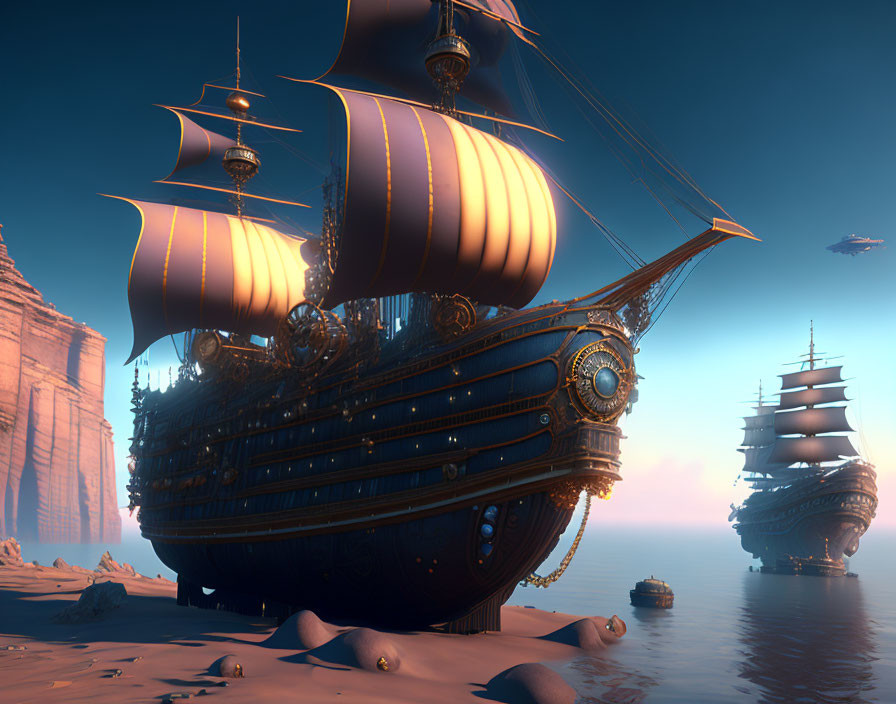 Golden-sailed galleon near desert shore at sunset