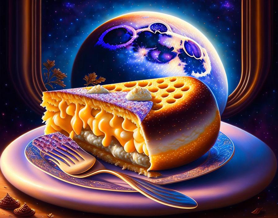 Surreal cosmic pie with moon and glasses on plate in starry night