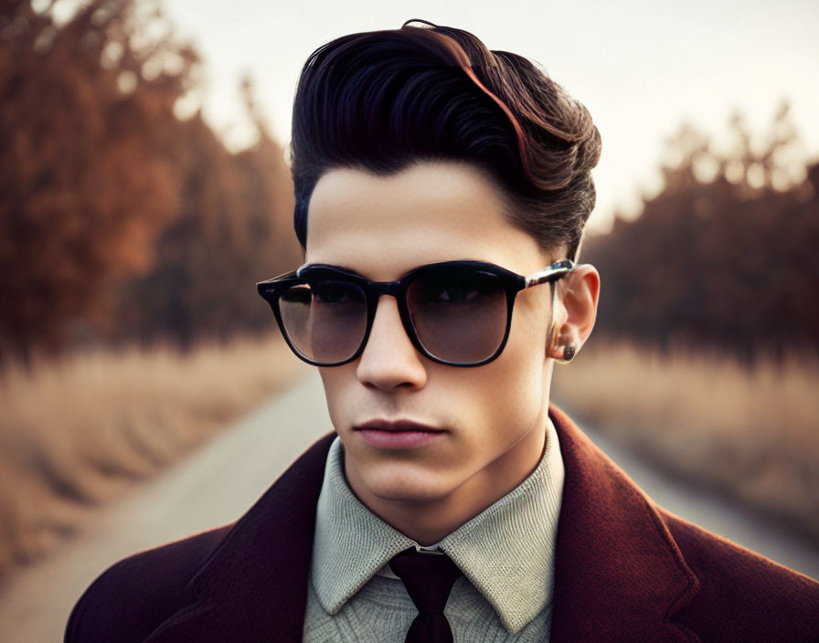 Stylish man with slicked-back hair in sunglasses and burgundy jacket.