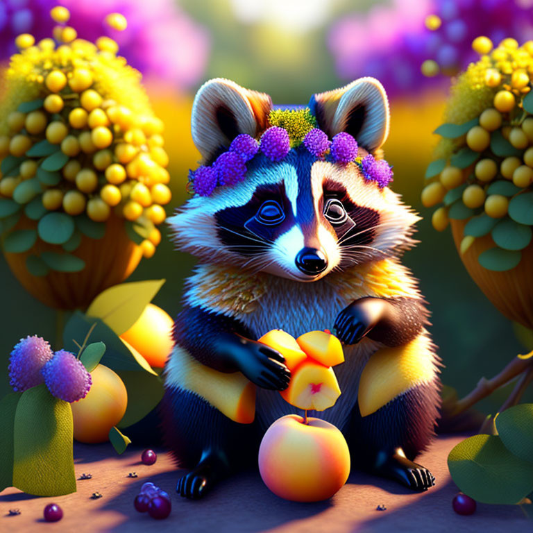 Illustration of a raccoon with floral crown and star-shaped fruit among vibrant flowers.