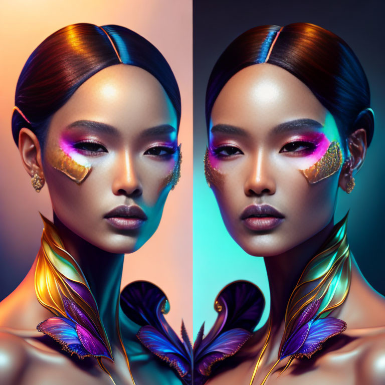 Colorful makeup and butterfly wing attire on mirrored model against gradient background