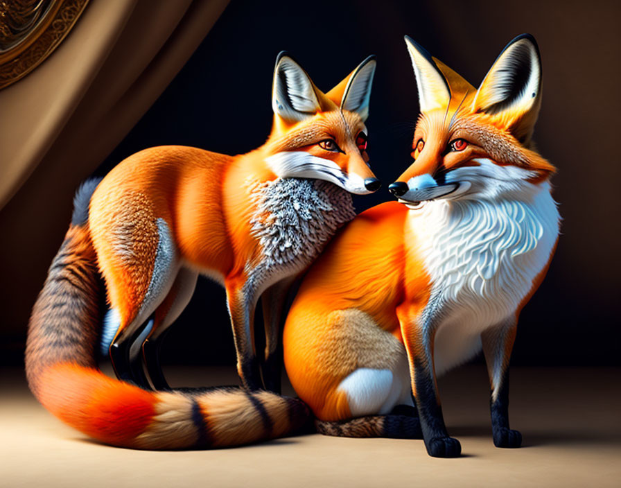 Vividly colored stylized foxes in warm embrace