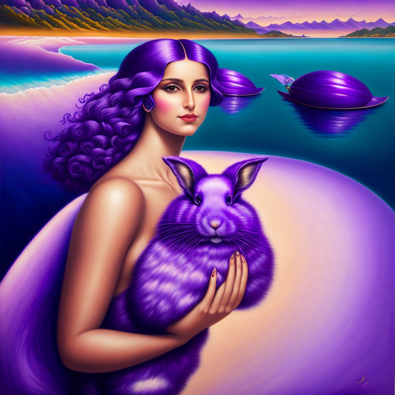 Woman with Purple Hair Holding Large Rabbit in Serene Landscape